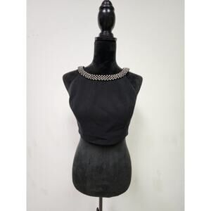 Vtg Caché Women's Black Cropped Mock Halter Top With Embellished Collar Size 4